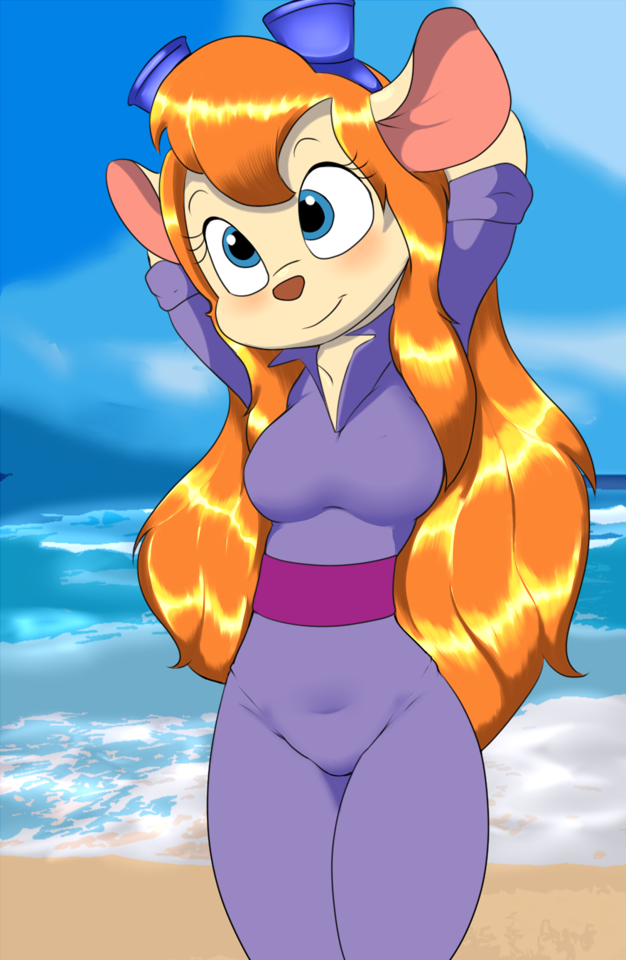 anthro beach big_breasts blonde_hair blue_eyes blush breasts chip_'n_dale_rescue_rangers clothing disney eyewear female gadget_hackwrench goggles hair hi_res jumpsuit killy00 long_hair mammal mouse murid murine rodent seaside solo tight_clothing