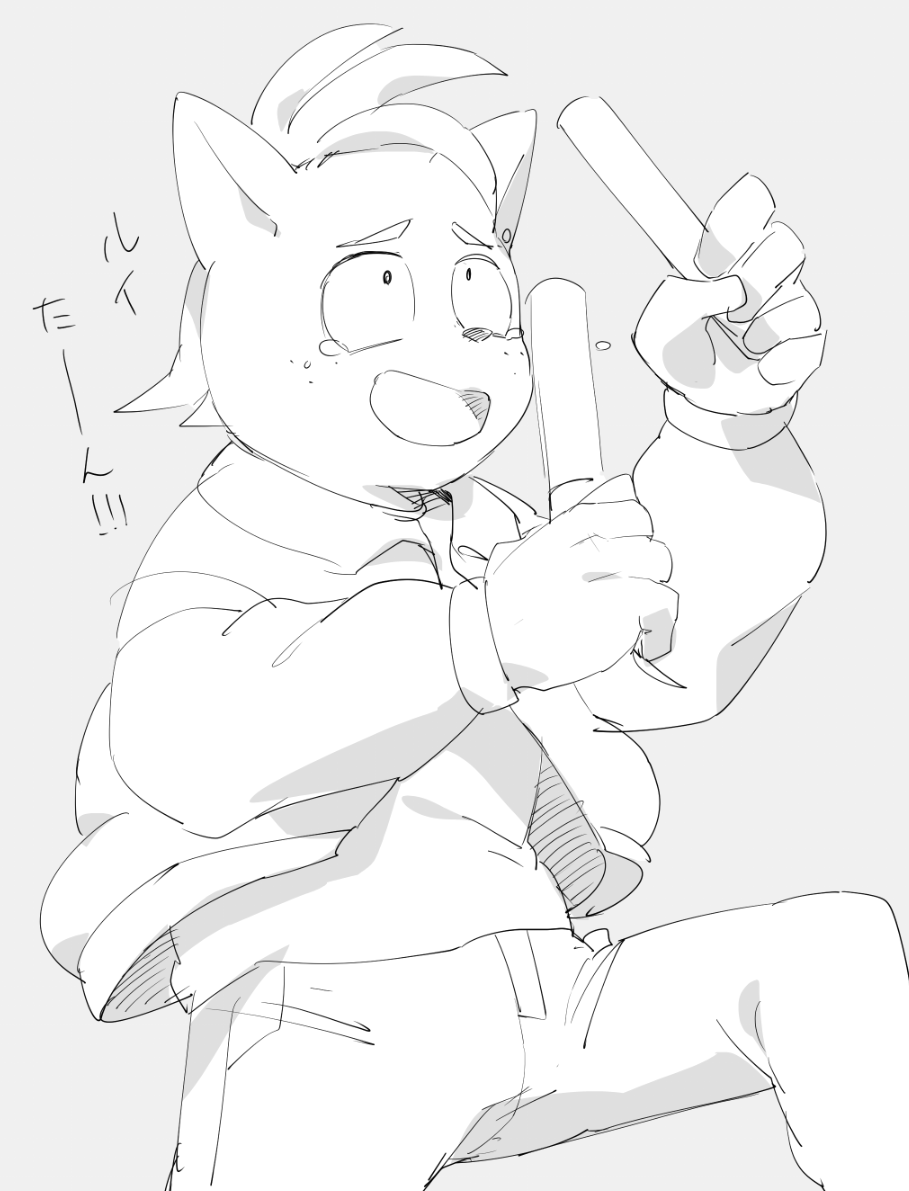 anthro bodily_fluids canid canine clothing coat dancing glowstick imai_(odd_taxi) japanese_text male mammal masshiro monochrome odd_taxi simple_background smile solo tears text topwear