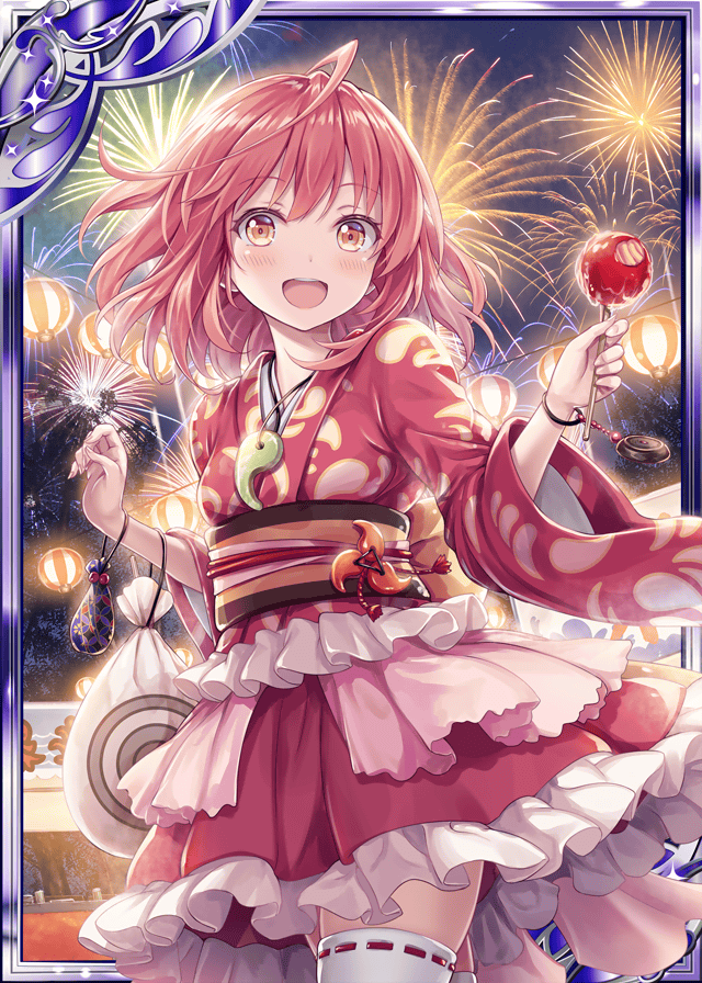 1girl akkijin amaterasu_(shinkai_no_valkyrie) apple breasts festival fireworks food frilled_skirt frills fruit japanese_clothes jewelry kimono lantern lantern_festival looking_at_viewer necklace night night_sky official_art open_mouth orange_eyes paper_lantern pink_hair pink_kimono shinkai_no_valkyrie skirt sky sky_lantern small_breasts thighhighs