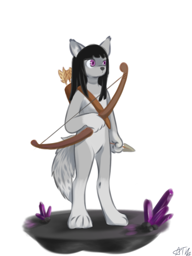 3:4 alpha_channel anthro arrow black_hair bow_(weapon) canid canine canis fur gem grey_body grey_fur grey_nose hair hime_cut holding_bow holding_bow_(weapon) holding_object holding_weapon male mammal matija mouthless nude purple_eyes purple_gem quiver ranged_weapon simple_background solo standing teakoala transparent_background weapon wolf