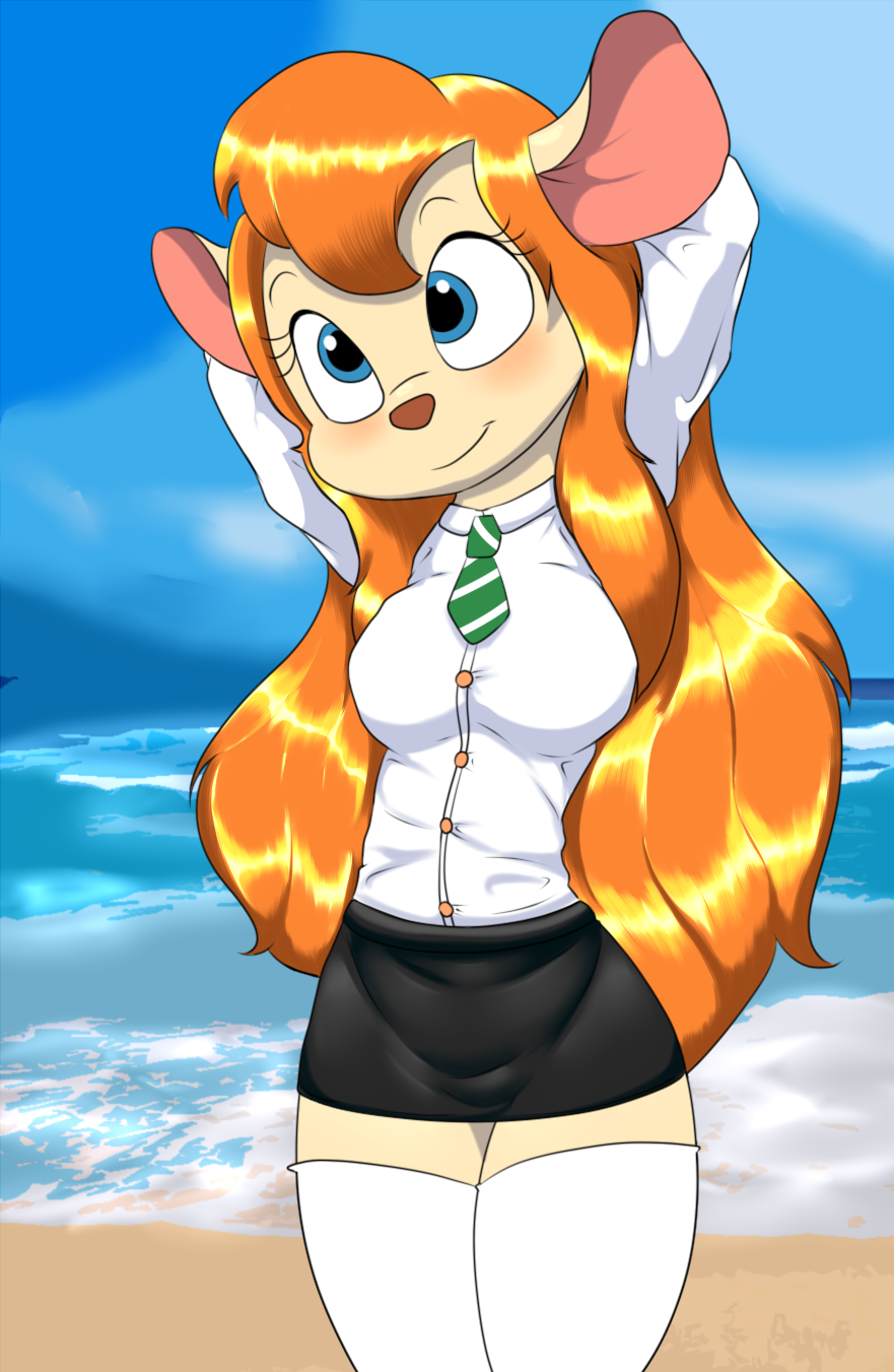 anthro beach big_breasts blonde_hair blouse blue_eyes blush bottomwear breasts chip_'n_dale_rescue_rangers clothing disney female gadget_hackwrench hair hi_res killy00 legwear long_hair mammal mouse murid murine necktie rodent school_uniform seaside skirt solo stockings tight_clothing topwear uniform