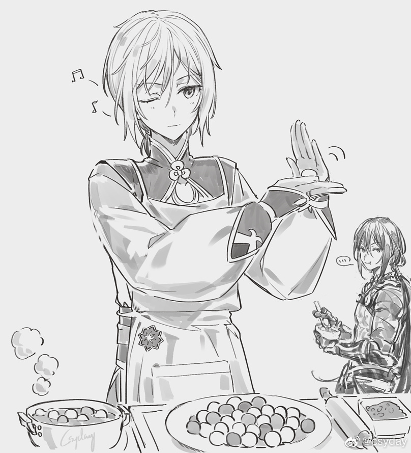 2boys apron bangs bridal_gauntlets csyday eating fate/grand_order fate_(series) food gao_changgong_(fate) hair_between_eyes long_hair long_sleeves monochrome multiple_boys musical_note one_eye_closed plate ponytail pot short_hair sketch smile yan_qing_(fate)