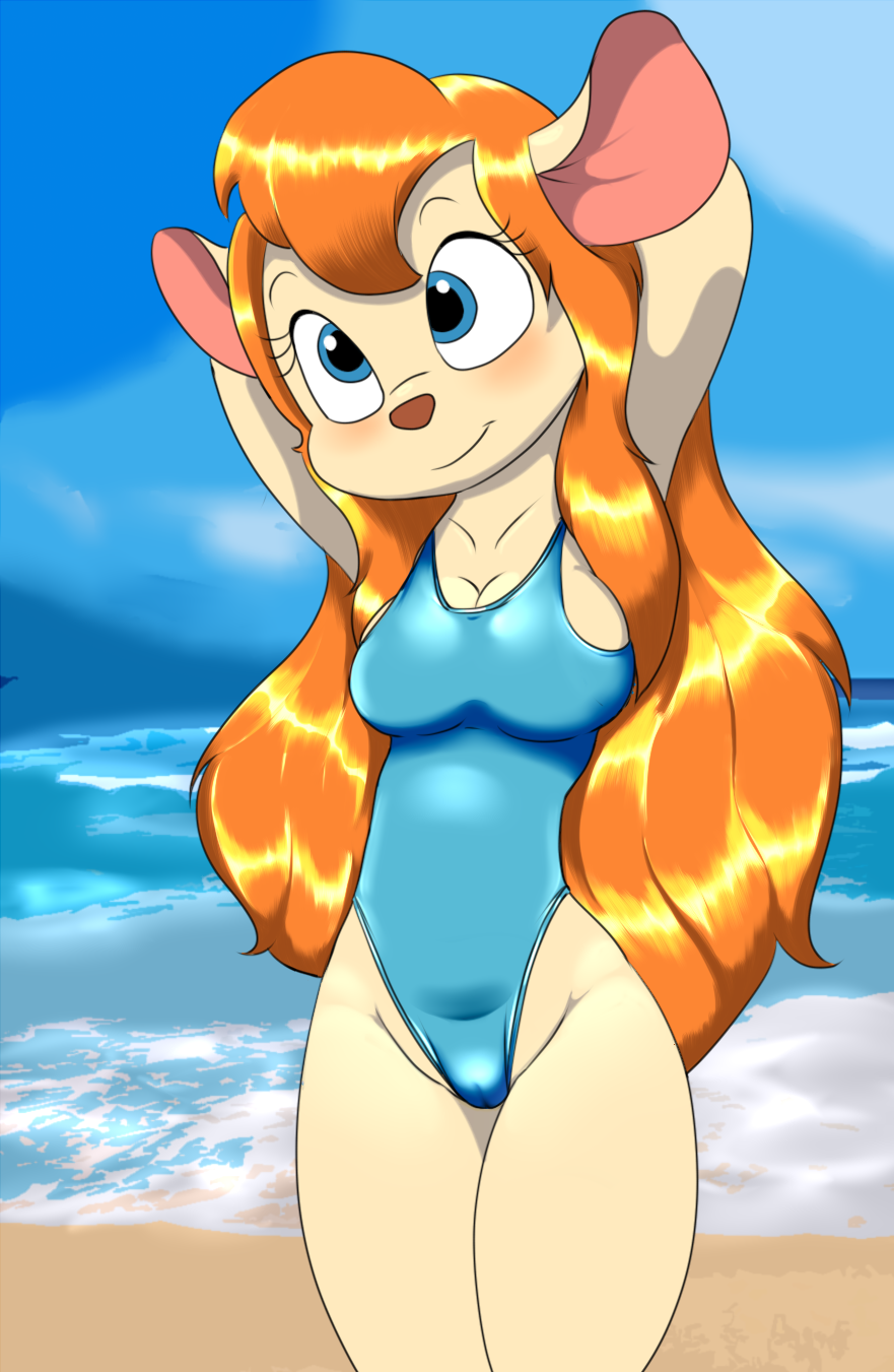 anthro beach big_breasts blonde_hair blue_eyes blush breasts camel_toe chip_'n_dale_rescue_rangers cleavage clothed clothing disney female gadget_hackwrench hair hi_res killy00 long_hair mammal mouse murid murine one-piece_swimsuit rodent seaside solo swimwear tight_clothing