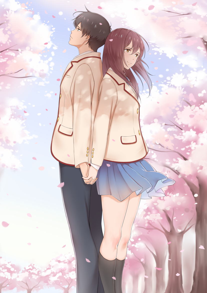 1boy 1girl back-to-back black_eyes black_hair black_legwear black_pants blue_skirt brown_eyes brown_hair cherry_blossoms coat couple holding_hands kimi_no_suizou_wo_tabetai kinhasu long_hair pants school_uniform shiga_haruki short_hair skirt tree yamauchi_sakura yellow_coat