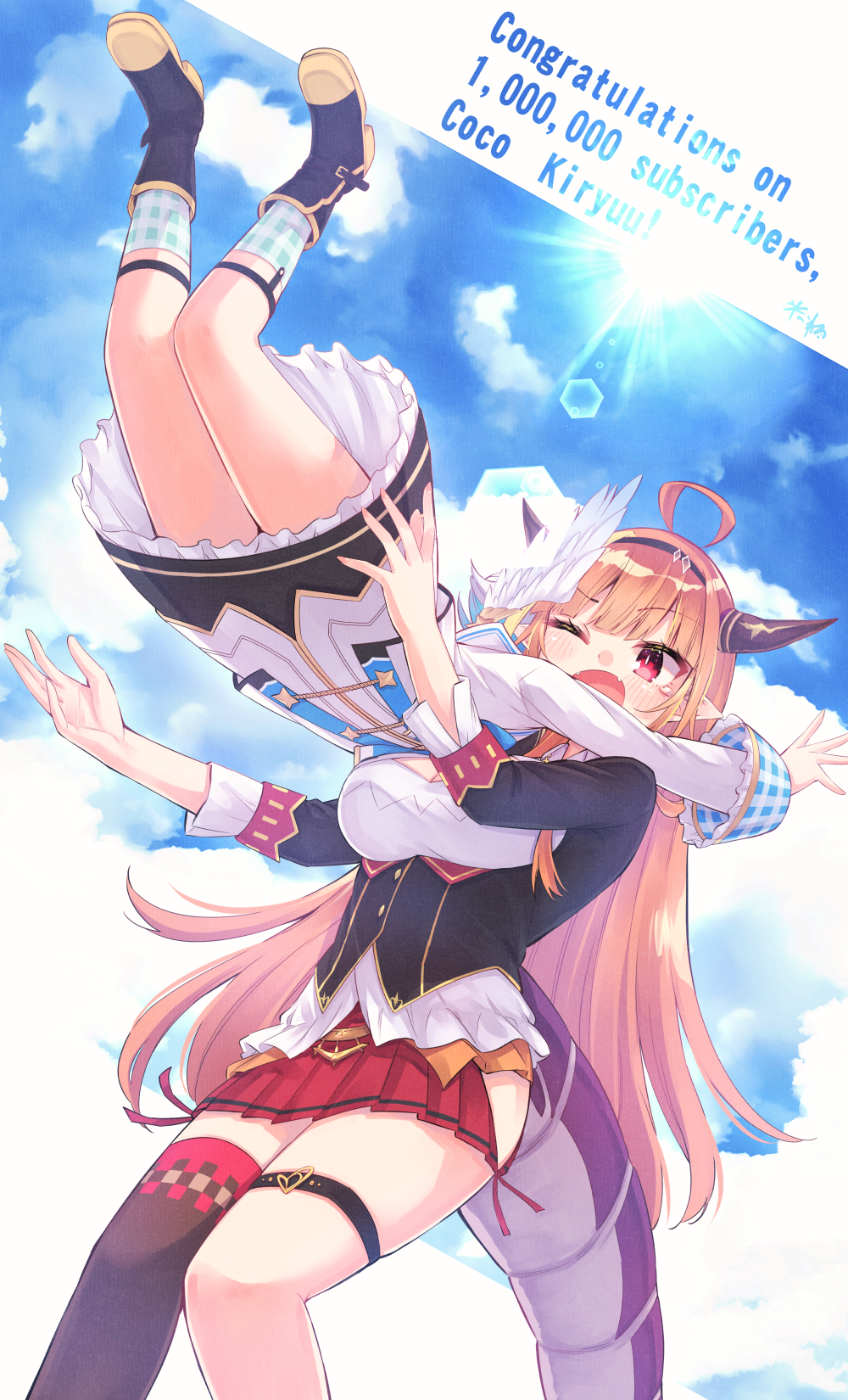 2girls ;o ahoge amane_kanata angel angel_wings artist_name bangs black_hairband black_jacket black_legwear blonde_hair blue_hair blue_neckwear blue_sky blunt_bangs blush boots breasts character_name checkered checkered_legwear cleavage_cutout clothing_cutout cloud cloudy_sky collared_shirt colored_inner_hair commentary_request congratulations cropped_legs day dragon_girl dragon_horns dragon_tail dragon_wings dress english_text eyebrows_visible_through_hair fangs feathered_wings glomp grey_dress hairband highlights highres hikawa_shou hip_vent hololive horns hug imminent_hug jacket kiryu_coco large_breasts lens_flare long_hair long_sleeves looking_at_another miniskirt multicolored_hair multiple_girls one_eye_closed open_mouth orange_hair outdoors outstretched_arms pleated_skirt pointy_ears red_eyes red_skirt scales shirt short_hair side-tie_skirt signature silver_hair single_thighhigh skirt sky sleeves_rolled_up slit_pupils standing streaked_hair sunlight tail teardrop thigh_strap thighhighs virtual_youtuber white_shirt wings