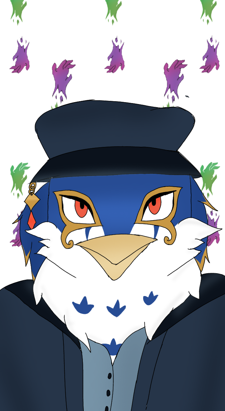 anthro avian beak bird blue_body blue_feathers bust_portrait clothed clothing digital_media_(artwork) falcon falconid feathers genitals hat headgear headwear hi_res horus_(tas) housamo iampaperwolf looking_at_viewer male penis portrait solo tokyo_afterschool_summoners topwear video_games white_body white_feathers