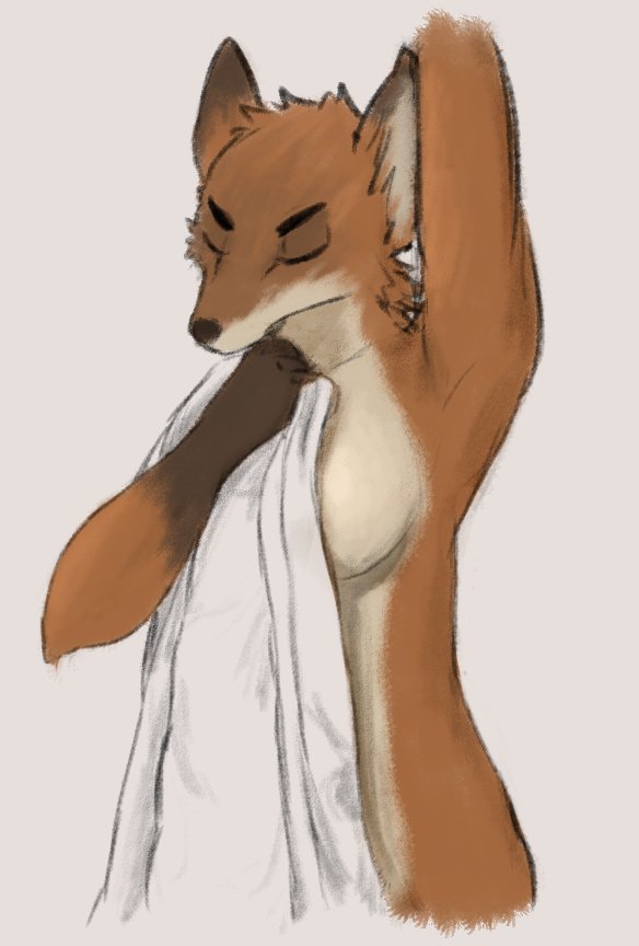 anthro belly bevvy_fischer breasts canid canine convenient_censorship covering eyes_closed female fox fur mammal nude orange_body orange_fur side_boob slim solo stretching towel towel_only white_belly