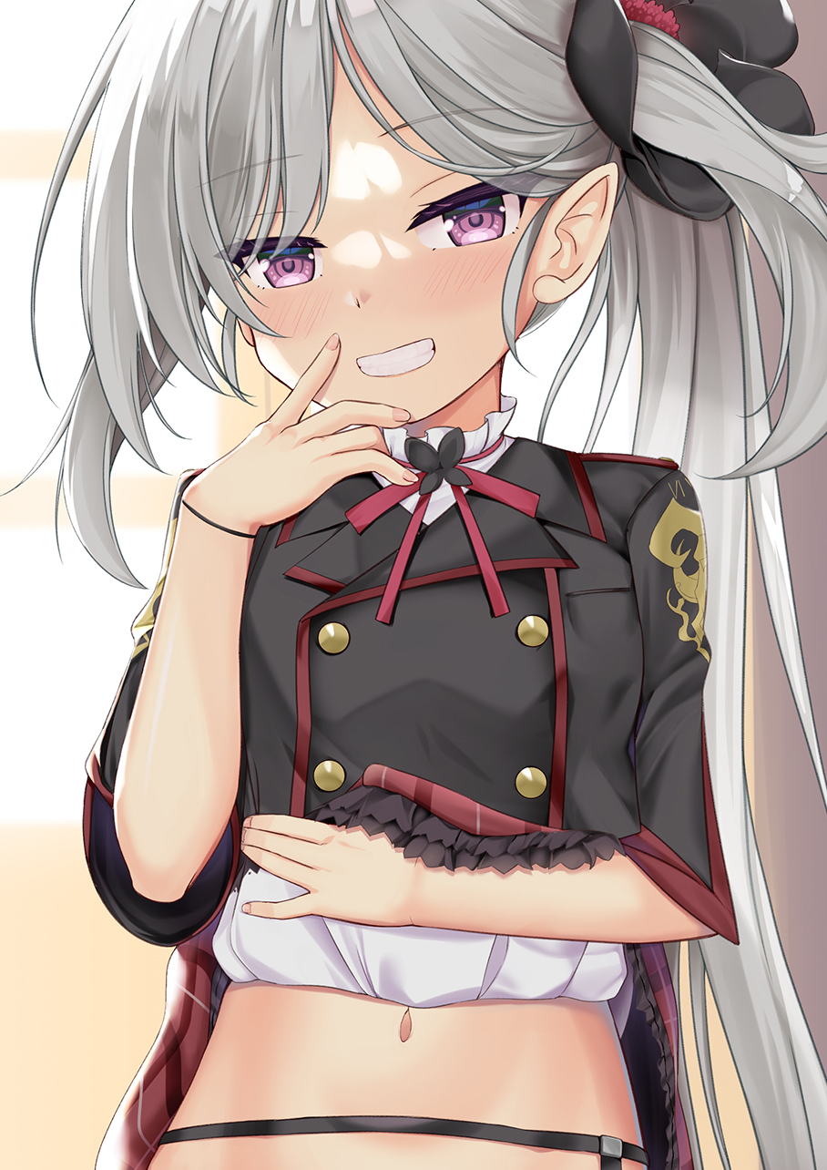 1girl bangs black_flower black_jacket blue_archive blush eyebrows_visible_through_hair eyes_visible_through_hair flower frilled_skirt frills grey_hair grin hair_flower hair_ornament hand_up highres jacket lifted_by_self long_hair looking_at_viewer mutsuki_(blue_archive) navel niiya out-of-frame_censoring pointy_ears purple_eyes red_skirt shirt short_sleeves side_ponytail skirt skirt_lift smile solo very_long_hair white_shirt window