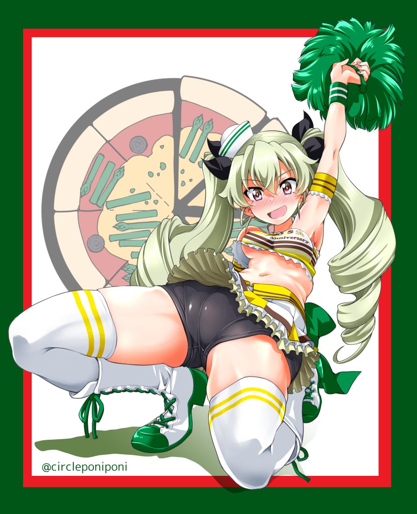 1girl alternate_costume anchovy_(girls_und_panzer) anzio_(emblem) arm_support arm_up back_bow bangs bike_shorts black_ribbon black_shorts blush boots border bow breasts cheerleader coco's commentary cross-laced_footwear dixie_cup_hat double_horizontal_stripe drill_hair emblem english_text eyebrows_visible_through_hair frilled_armband frilled_skirt frills girls_und_panzer green_border green_bow green_hair hair_ribbon hat holding holding_pom_poms inoue_yoshihisa lace-up_boots leaning_back long_hair looking_at_viewer medium_breasts midriff military_hat mini_hat miniskirt navel open_mouth outside_border pleated_skirt pom_poms red_border red_eyes ribbon shirt shorts shorts_under_skirt skirt smile solo squatting strapless thighhighs tilted_headwear tubetop twin_drills twintails twitter_username underboob white_footwear white_headwear white_legwear white_shirt white_skirt wristband