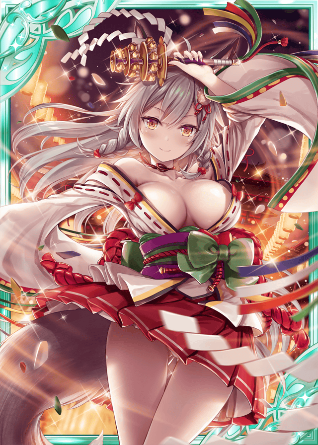 1girl akkijin animal_ears ass_visible_through_thighs breasts festival fox_ears fox_girl fox_tail frilled_skirt frills green_ribbon japanese_clothes large_breasts looking_at_viewer miko official_art red_ribbon red_skirt ribbon shinkai_no_valkyrie silver_hair skirt tail yellow_eyes