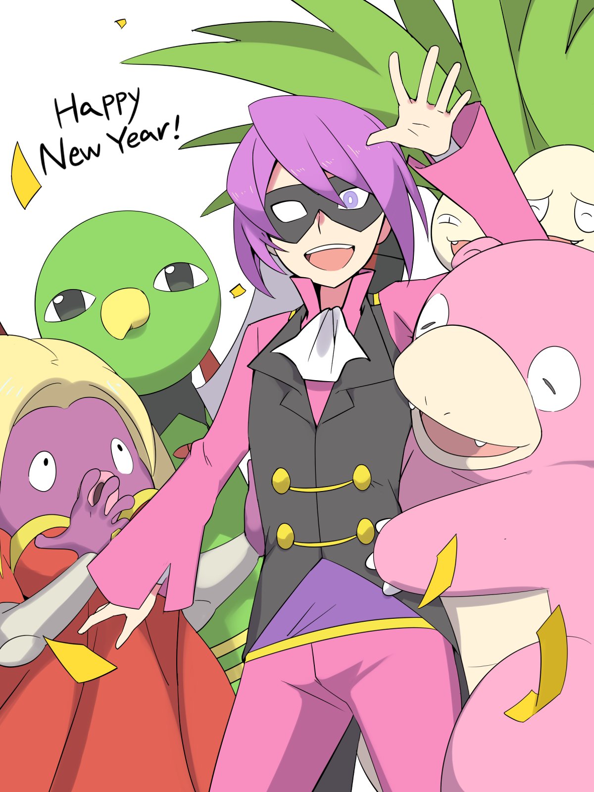 1boy :d arm_up bangs bright_pupils commentary_request confetti cravat domino_mask exeggutor gen_1_pokemon gen_2_pokemon happy happy_new_year highres jynx kiwi_of_ruin korean_commentary long_sleeves male_focus mask new_year open_mouth pants pokemon pokemon_(creature) pokemon_(game) pokemon_hgss purple_eyes purple_hair purple_pants purple_shirt shirt short_hair slowbro smile spread_fingers teeth tongue white_neckwear will_(pokemon) xatu