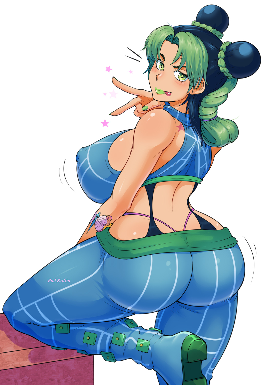 1girl areolae ass birthmark black_hair blue_footwear blue_pants blue_shirt breasts butt_crack butterfly_tattoo crop_top g-string green_eyes green_hair green_lips green_nails highres jojo_no_kimyou_na_bouken kujo_jolyne large_areolae large_breasts lipstick looking_at_viewer looking_back makeup multicolored_hair pants pinkkoffin shirt sideboob simple_background sleeveless sleeveless_shirt stone_ocean tattoo thick_thighs thighs thong tight tight_pants tongue tongue_out two-tone_hair white_background