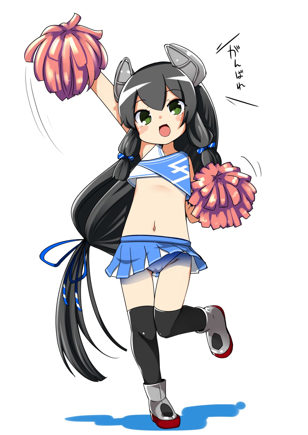 1girl black_hair black_legwear blue_skirt cheering cheerleader commentary_request crop_top crop_top_overhang full_body green_eyes hair_ribbon headgear highres holding holding_pom_poms i-47_(kancolle) kantai_collection long_hair low-tied_long_hair midriff miniskirt nassukun navel panties pantyshot pleated_skirt pom_poms ribbon sidelocks simple_background skirt solo thighhighs tress_ribbon underwear very_long_hair white_background white_panties