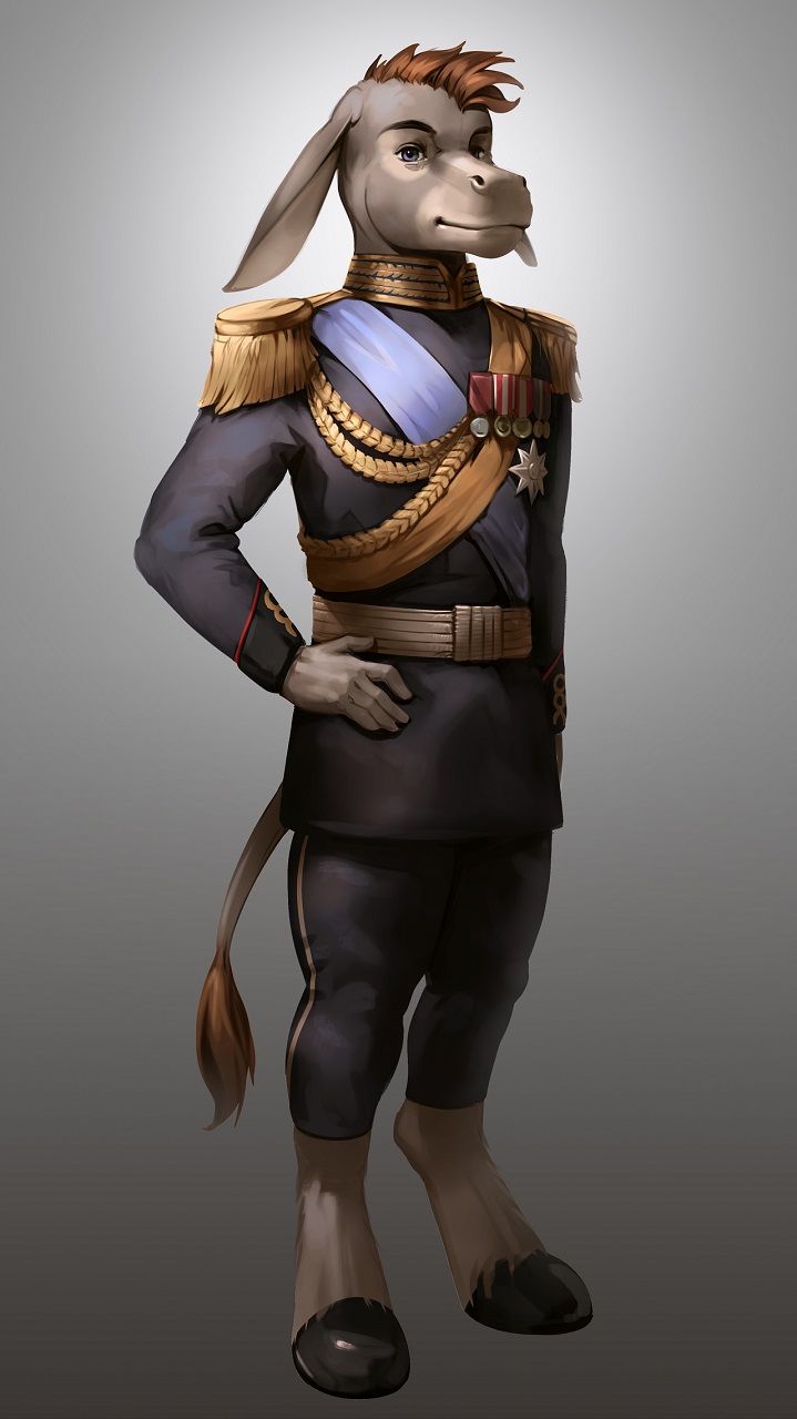 2020 anthro asinus belt brown_hair clothing donkey equid equine eyebrows gradient_background grey_background grey_eyes hair hi_res hooves looking_at_viewer male mammal medal military military_clothing military_pants military_uniform pimpartist simple_background solo standing traditional_media_(artwork) unguligrade_legs uniform
