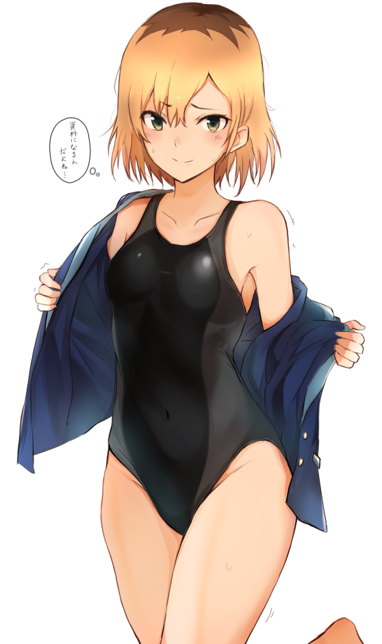 1girl bare_shoulders black_swimsuit blonde_hair blue_jacket breasts brown_eyes collarbone competition_swimsuit covered_navel cowboy_shot embarrassed groin jacket leg_up long_sleeves looking_at_viewer medium_breasts miyamori_aoi off_shoulder one-piece_swimsuit open_clothes open_jacket shirobako short_hair simple_background smile solo sweat swimsuit tahita1874 thighs thought_bubble translation_request undressing white_background