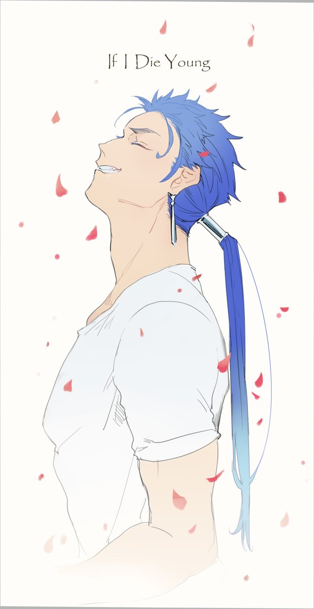 1boy beads blue_hair closed_eyes closed_mouth cu_chulainn_(fate)_(all) earrings english_text fang fate/stay_night fate_(series) from_side grin hair_beads hair_ornament iash jewelry lancer long_hair male_focus muscular muscular_male petals ponytail shirt simple_background smile solo spiked_hair t-shirt