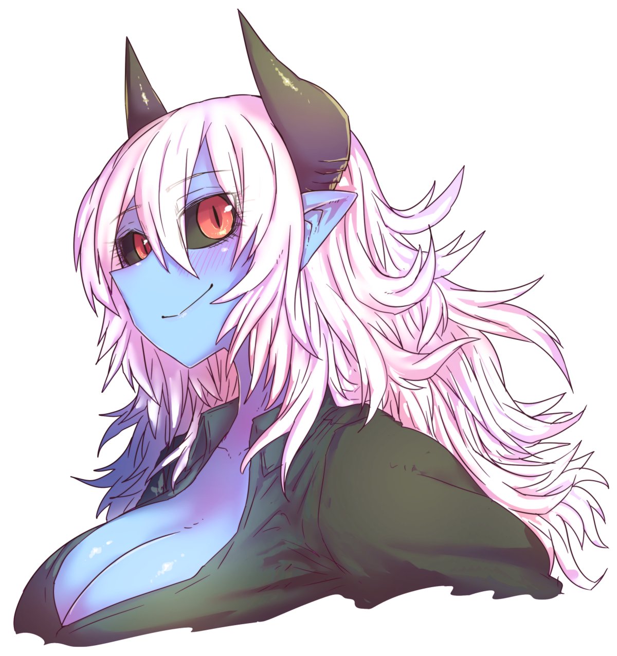 1girl alternate_costume aoi_hada_no_ten'in_to_shiawasena_tomodachi black_horns black_sclera blue_skin breasts buttons cleavage colored_sclera colored_skin commentary_request demon_girl demon_horns eyebrows eyebrows_visible_through_hair face floor from_side highres horns huge_breasts juugoya_(zyugoya) koike_(aoi_hada_no_ten'in_to_shiwasena_tomodachi) long_hair looking_at_viewer pointy_ears pointy_nose red_eyes simple_background smile upper_body white_background
