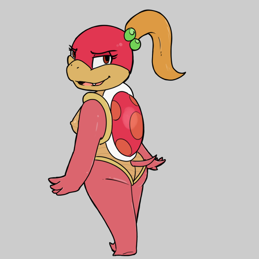 anthro breasts canisfidelis eyelashes female hair koopa looking_at_viewer looking_back mario_bros nintendo nipples non-mammal_breasts nude open_mouth pink_body pom_pom_(mario) ponytail rear_view scalie shell simple_background smile solo standing teeth video_games