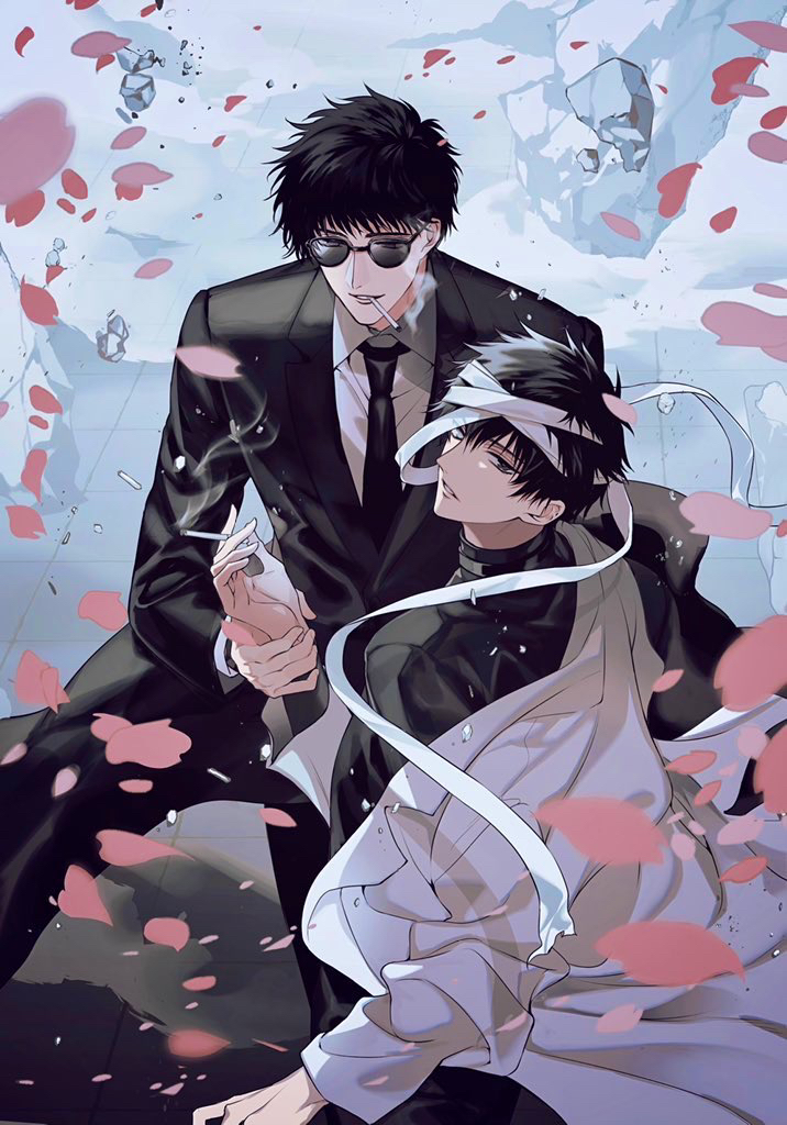 2boys bandaged_head bandages black_hair black_neckwear blurry cigarette formal futaba_hazuki gakuran looking_back multiple_boys necktie parted_lips petals sakurazuka_seishirou school_uniform shirt short_hair smoking stone suit sumeragi_subaru white_shirt wind wrist_grab x_(manga)