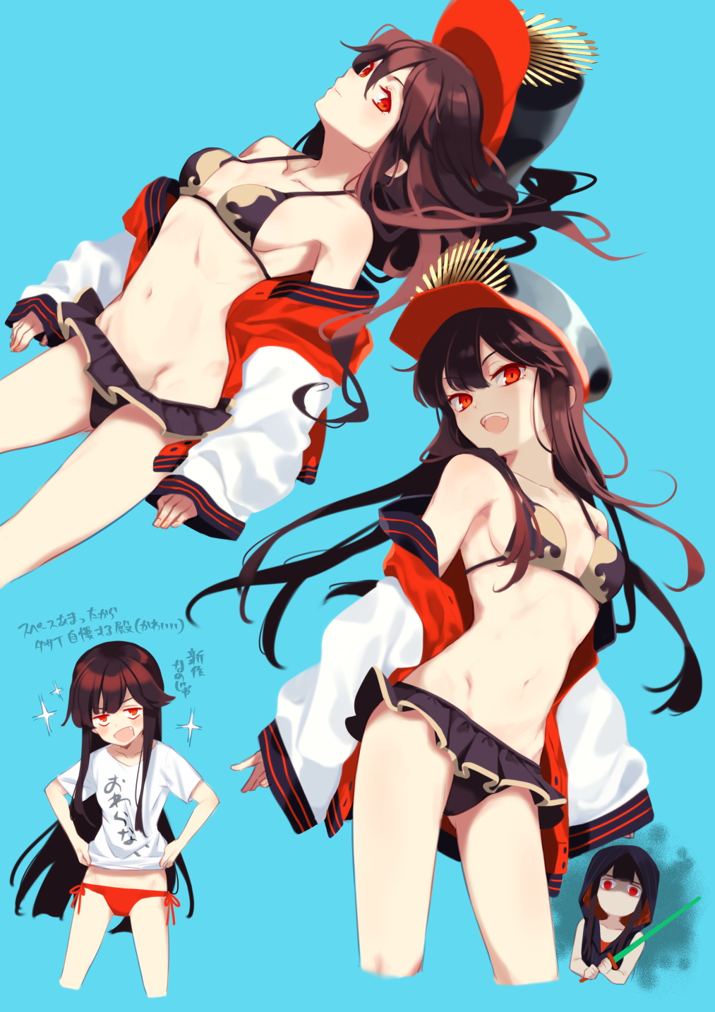 1boy 1girl bangs bikini bikini_bottom black_bikini black_hair black_headwear blue_background breasts brother_and_sister clothes_writing family_crest fate/grand_order fate_(series) hat highres hood hooded_vest hoodie jacket kodamari letterman_jacket long_hair long_sleeves looking_at_viewer medium_breasts multiple_views navel oda_nobukatsu_(fate) oda_nobunaga_(fate)_(all) oda_nobunaga_(swimsuit_berserker)_(fate) oda_uri off_shoulder open_clothes open_jacket open_mouth peaked_cap red_eyes shirt short_sleeves siblings smile sparkle swimsuit sword thighs translation_request vest weapon white_shirt