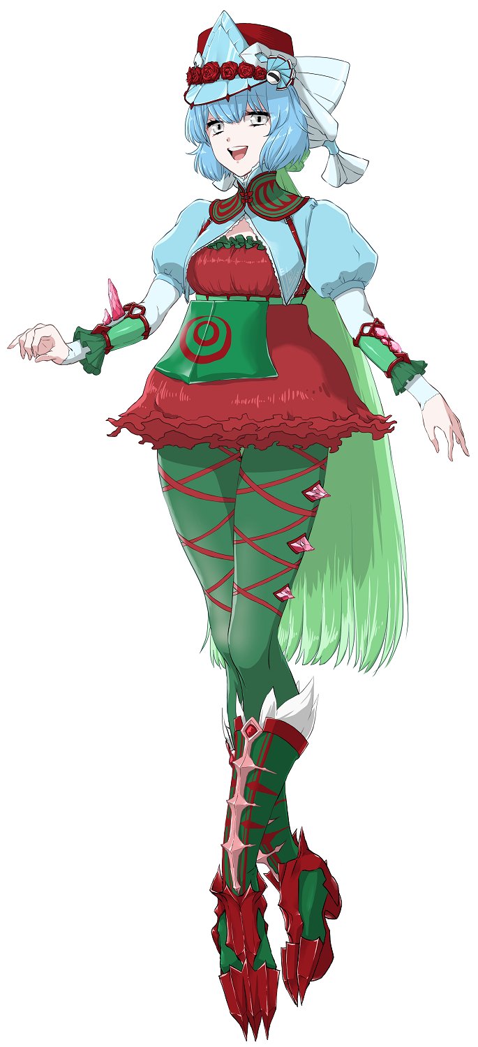 :d androgynous asrbpy blue_hair boots claws crystal dracovish flower full_body gen_8_pokemon green_footwear green_hair green_legwear grey_eyes hat hat_flower highres long_hair long_sleeves multicolored_hair open_mouth personification pokemon puffy_long_sleeves puffy_sleeves red_headwear red_skirt simple_background skirt smile solo standing two-tone_hair very_long_hair white_background