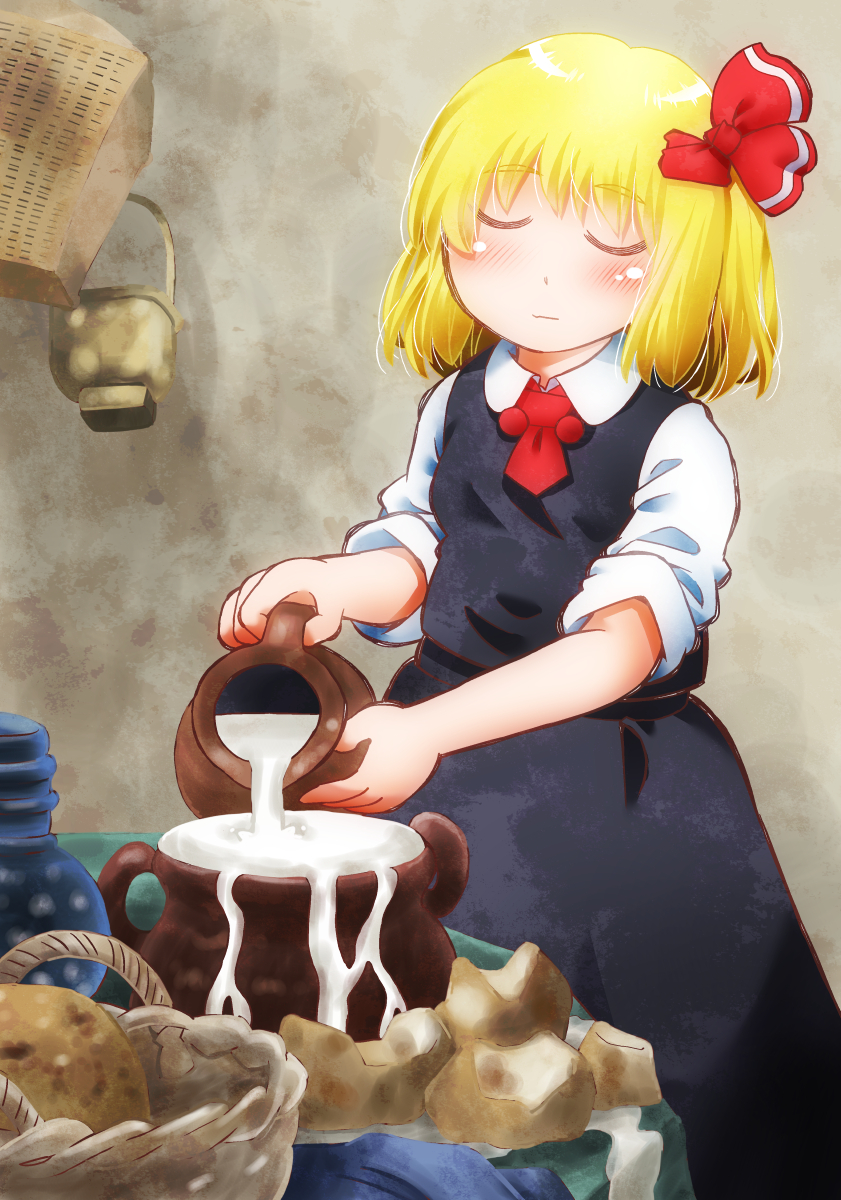 1girl basket black_skirt black_vest blonde_hair blush bread closed_eyes commentary_request expressionless eyebrows_visible_through_hair fine_art_parody food gradient gradient_background grey_background hair_ribbon highres jug long_sleeves matty_(zuwzi) milk overflowing parody pouring red_neckwear ribbon rumia shirt short_hair skirt sleeves_rolled_up solo standing table the_milkmaid touhou vest white_shirt