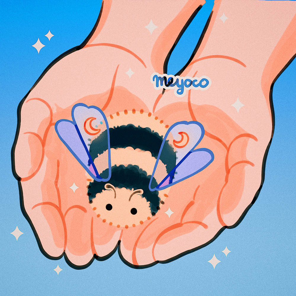 antennae artist_name bee blue_background bug crescent gradient gradient_background hands holding insect meyoco no_humans original sparkle striped wings