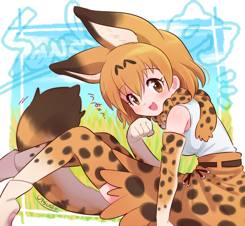 1girl :3 :d animal_ear_fluff animal_ears bangs bare_shoulders belt blush breasts brown_eyes character_name commentary_request elbow_gloves eyebrows_visible_through_hair feet_out_of_frame from_side gloves hair_between_eyes hand_up kemono_friends knees_up leaning_forward looking_at_viewer medium_breasts motion_lines open_mouth orange_hair orange_legwear orange_skirt paw_pose serval_(kemono_friends) serval_ears serval_print serval_tail short_hair simple_background sitting skirt smile solo tail tank_top thighhighs utsuro_atomo white_tank_top