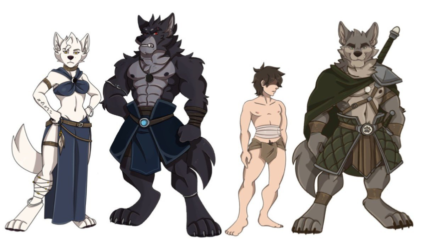 abs amulet anthro armband bandage bangle_(jewelry) bottomwear brown_hair caelan_(far_beyond_the_world) canid canine canis cape clothing digitigrade dress eyeless far_beyond_the_world_(series) female fur group hair human kael_tiger loincloth male mammal multicolored_body multicolored_fur pubes pubic_fuzz ranok_(far_beyond_the_world) shoulder_guard simple_background size_difference smile snarling tasset tattoo teeth two_tone_body two_tone_fur verissa_(far_beyond_the_world) video_games visual_novel vulgor_(far_beyond_the_world) white_background wolf