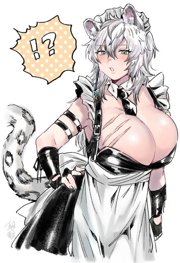 ?! animal_humanoid arknights armwear asano big_breasts biped black_armwear black_clothing blush breasts cleavage clothed clothing crossgender dress eyelashes felid felid_humanoid female fingerless_gloves front_view fully_clothed fur gloves grey_eyes hair hand_on_hip handwear huge_breasts humanoid hypergryph light_body light_skin looking_at_viewer maid_headdress maid_uniform mammal mammal_humanoid mtf_crossgender pantherine pantherine_humanoid portrait scar silverash_(arknights) simple_background snow_leopard_humanoid solo spotted_tail standing studio_montagne three-quarter_portrait uniform video_games white_background white_body white_clothing white_dress white_fur white_hair