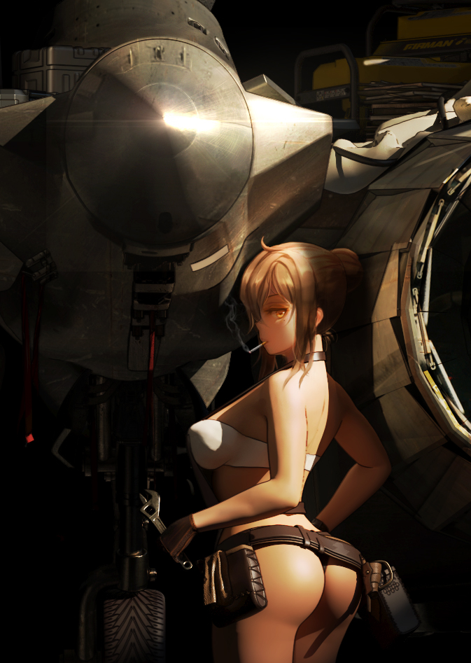 1girl aircraft airplane ass belt black_gloves brown_hair cigarette from_behind gloves looking_at_viewer maocha original profile smoke smoking solo wheel white_tubetop wide_shot wrench