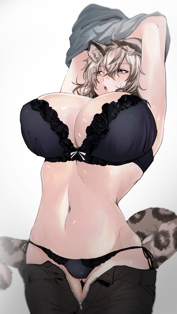 animal_humanoid arknights asano big_breasts biped bra breasts cleavage clothed clothing crossgender felid felid_humanoid female front_view fur glistening glistening_body glistening_breasts glistening_skin grey_body grey_eyes grey_fur hair hi_res huge_breasts humanoid hypergryph inner_ear_fluff light_body light_skin mammal mammal_humanoid midriff mtf_crossgender multicolored_hair navel pantherine pantherine_humanoid partially_clothed shirt silver_hair silverash_(arknights) simple_background snow_leopard_humanoid solo spots spotted_body spotted_fur spotted_tail standing studio_montagne topwear tuft two_tone_hair underwear undressing unzipped video_games white_background