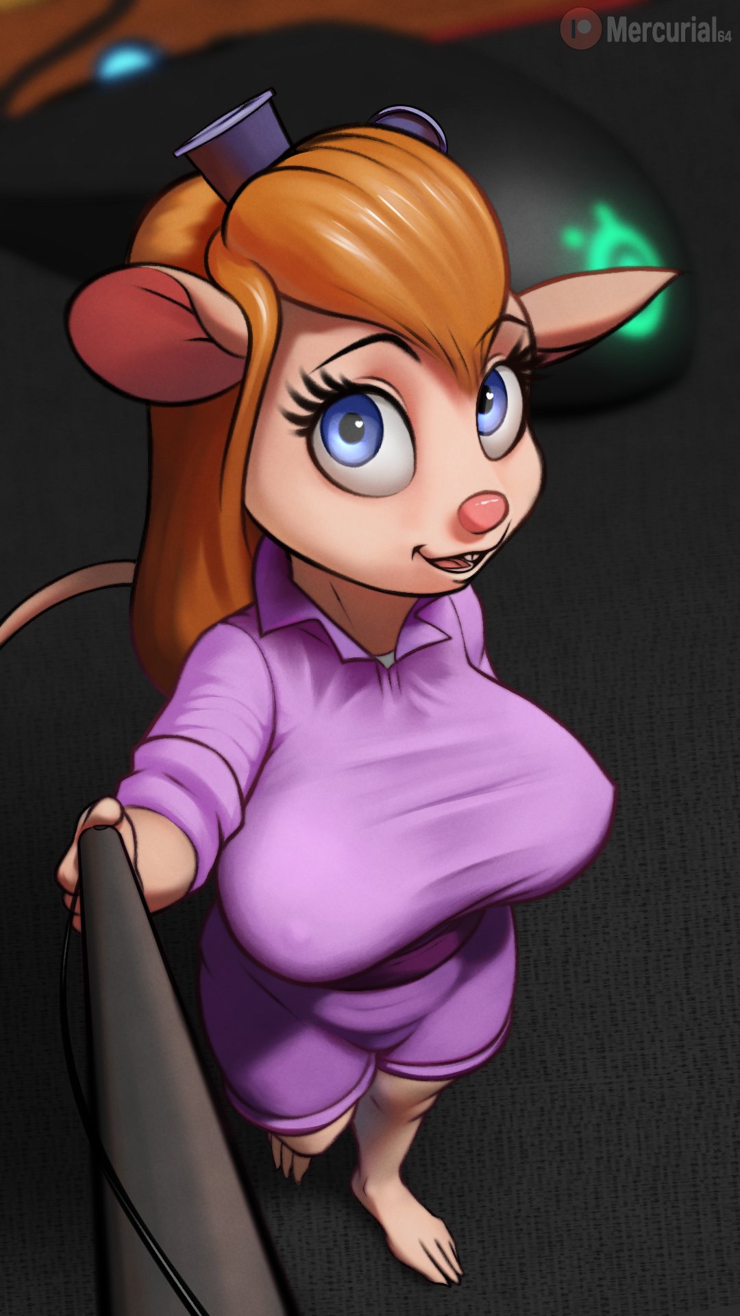 anthro chip_'n_dale_rescue_rangers clothed clothing computer_mouse conditional_dnp digital_media_(artwork) disney eyebrows eyelashes female gadget_hackwrench hair hi_res long_hair looking_at_viewer mammal mercurial64 mouse murid murine pink_nose rodent selfie_stick solo steelseries