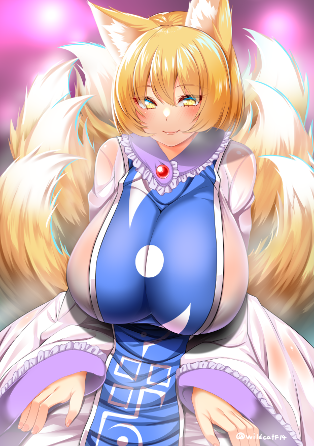 5_fingers animal_humanoid big_breasts blonde_hair blush breasts canid canid_humanoid canine canine_humanoid clothed clothing cute_fangs dipstick_tail dress eyelashes female fingers fluffy fluffy_tail fox_humanoid front_view fully_clothed fur hair high-angle_view huge_breasts humanoid humanoid_hands inner_ear_fluff light_body light_skin looking_at_viewer mammal mammal_humanoid monotone_hair multi_tail multicolored_body multicolored_fur multicolored_tail pink_background ran_yakumo short_hair simple_background sitting smile solo tabard touhou translucent translucent_clothing translucent_dress tuft two_tone_body two_tone_fur two_tone_tail video_games white_body white_clothing white_dress white_fur white_inner_ear_fluff wildcatf14 yellow_body yellow_eyes yellow_fur