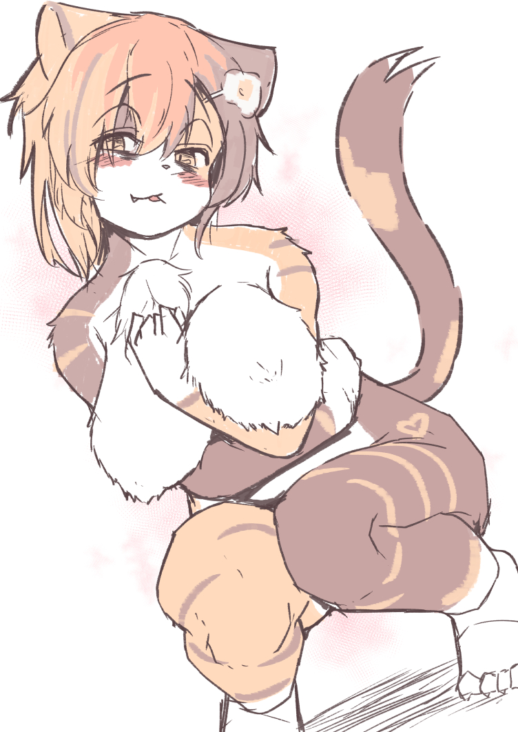 &lt;3_marking accessory akamu_ver20 anthro big_breasts biped blonde_hair blush breasts brown_body brown_fur brown_hair calico-chan_(akamu_ver20) calico_cat chest_tuft countershading crouching cute_fangs domestic_cat felid feline felis female fluffy fluffy_chest front_view full-length_portrait fur hair hair_accessory hairclip heart_marking humanoid_hands kemono looking_at_viewer mammal mottled multicolored_body multicolored_fur multicolored_hair multicolored_tail naturally_censored nipple_tuft nude orange_hair piebald portrait pupils simple_background slit_pupils solo tuft white_background white_body white_countershading white_fur yellow_body yellow_eyes yellow_fur