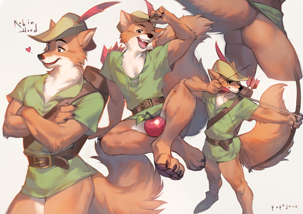 &lt;3 anthro apple arrow bottomless bow butt canid canine censored clothed clothing creative_censorship disney food fox fruit fur hat headgear headwear looking_at_viewer male mammal orange_body orange_fur plant popodunk robin_hood robin_hood_(disney) simple_background solo white_body white_fur