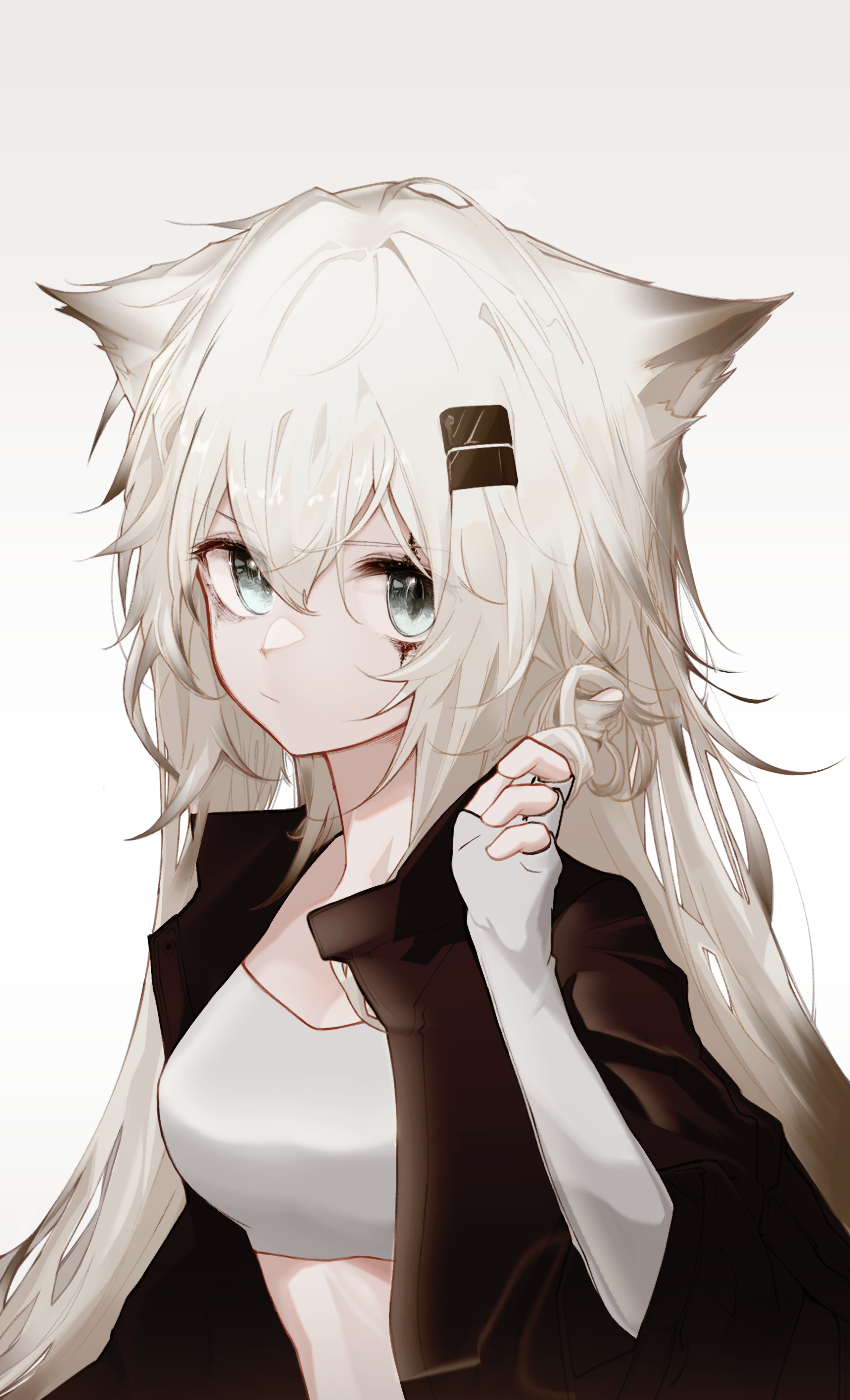 1girl animal_ears arknights bangs black_jacket breasts commentary_request crop_top fingerless_gloves gloves gradient gradient_background grey_background grey_eyes hair_between_eyes hair_ornament hairclip hand_up highres jacket lappland_(arknights) long_hair looking_at_viewer medium_breasts midriff runamonet scar scar_across_eye shirt silver_hair solo upper_body white_background white_gloves white_shirt wolf_ears