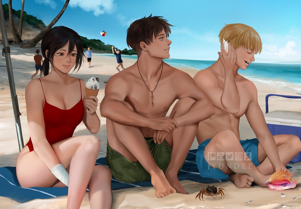 armin_arlert barefoot beach beach_umbrella bird black_hair blonde_hair breasts cleavage cloud crab day eren_yeager food ice_cream jyundee key male_swimwear mikasa_ackerman multiple_boys ocean outdoors ponytail red_swimsuit sand seashell shell shingeki_no_kyojin sitting smile swim_trunks swimsuit swimwear umbrella