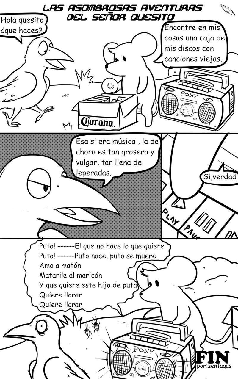 ambiguous_gender anthro arthropod avian bird cd comic dancing dialogue feral hi_res mammal mouse murid murine quesito_(zentagas) rodent spanish_text text translated zentagas