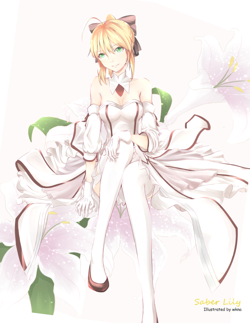 1girl ahoge arm_support artist_name artoria_pendragon_(all) bare_shoulders black_bow black_footwear bow breasts character_name cleavage detached_collar fate/unlimited_codes fate_(series) flower gloves green_eyes hair_bow hair_ornament hand_on_own_knee legs_together lily_(flower) looking_at_viewer saber_lily small_breasts smile solo thighhighs thighs white_gloves wkna_(670139982)