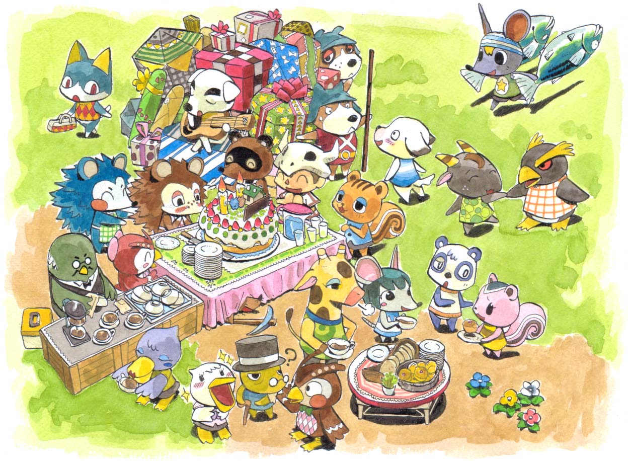 animal_crossing anthro avian bird birthday_cake black_body blathers_(animal_crossing) blue_body booker_(animal_crossing) bovid box bree_(animal_crossing) brown_body brown_fur cake canid canine canis caprine clothed clothing copper_(animal_crossing) dessert domestic_cat domestic_dog eulipotyphlan eyes_closed felid feline felis fish food fur giant_panda gift giraffe giraffid goat guitar hat headgear headwear hedgehog human k.k._slider kemono mabel_able mammal marine murid murine musical_instrument nintendo outside owl penguin plucked_string_instrument raccoon_dog rat reptile rod_(animal_crossing) rodent sable_able sally_(animal_crossing) scalie sciurid string_instrument tanuki tom_nook_(animal_crossing) tortimer_(animal_crossing) turtle ursid utsuki_maito video_games villager_(animal_crossing) white_body white_fur