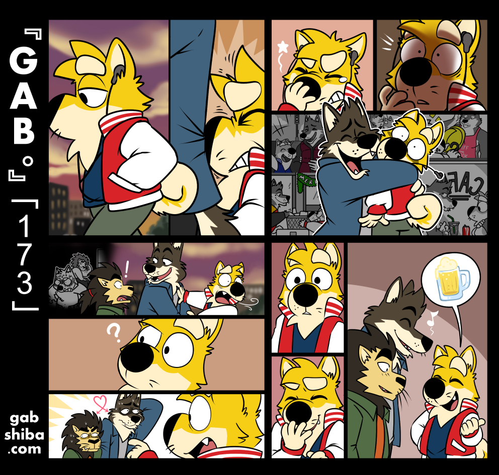 ! ? anthro beer_mug black_body black_fur bump canid canine canis city clothed clothing comic curled_tail domestic_dog encounter felid flashback fur gab_shiba gabshiba group headphones hug lion male mammal outside pantherine pictographics romantic_couple shiba_inu spitz wolf wuff_(gabshiba) yellow_body yellow_fur