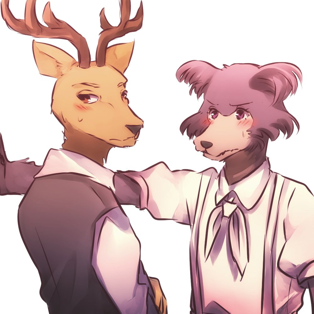 1:1 2019 anthro antlers beastars blush bodily_fluids brown_eyes canid canine canis cervid cervine clothed clothing duo female fur hanatsu_04 horn juno_(beastars) kabedon looking_away louis_(beastars) male mammal multicolored_body multicolored_fur red_deer school_uniform sweat uniform wolf