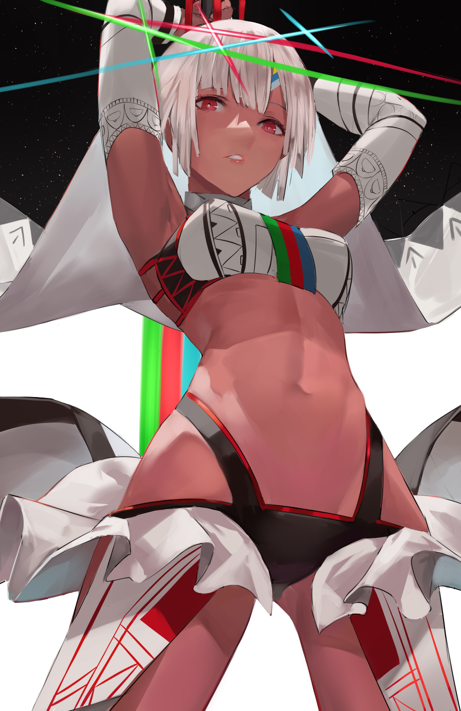 1girl altera_(fate) armpits arms_behind_head arms_up bangs bikini blazpu body_markings breasts bridal_veil choker commentary dark_skin dark_skinned_female detached_sleeves energy_sword english_commentary fate/extella fate/extra fate/grand_order fate_(series) full_body_tattoo headpiece highres looking_at_viewer medium_breasts navel parted_lips photon_ray_(fate) red_eyes short_hair silver_hair solo swimsuit sword tattoo thighs veil weapon white_bikini