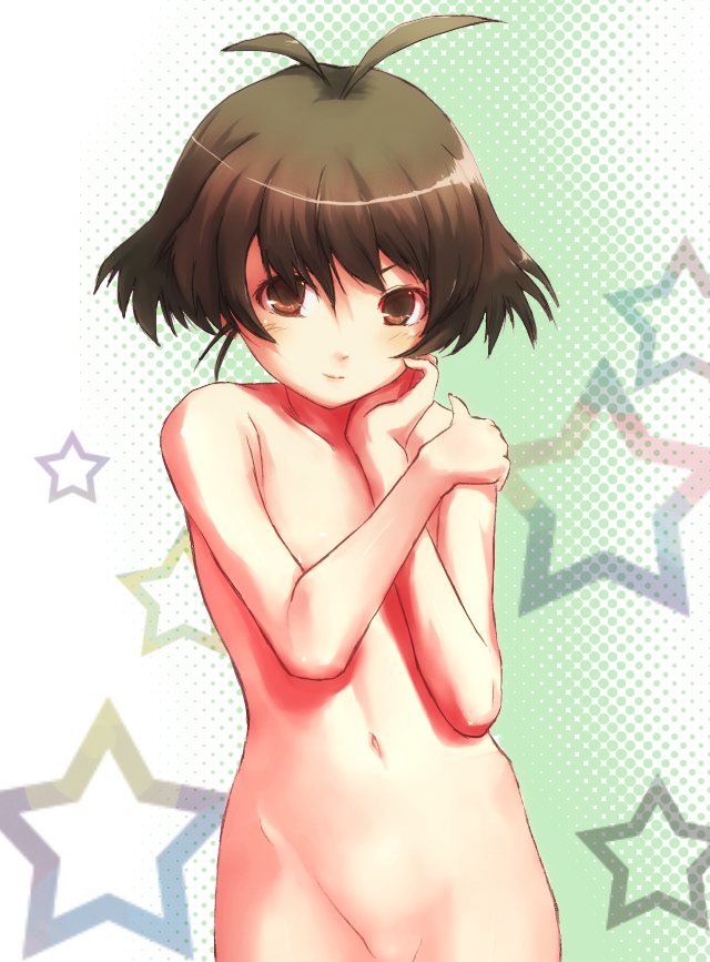 1boy ahoge akizuki_ryou brown_eyes brown_hair idolmaster idolmaster_dearly_stars kuku_px navel nude otoko_no_ko short_hair simple_background