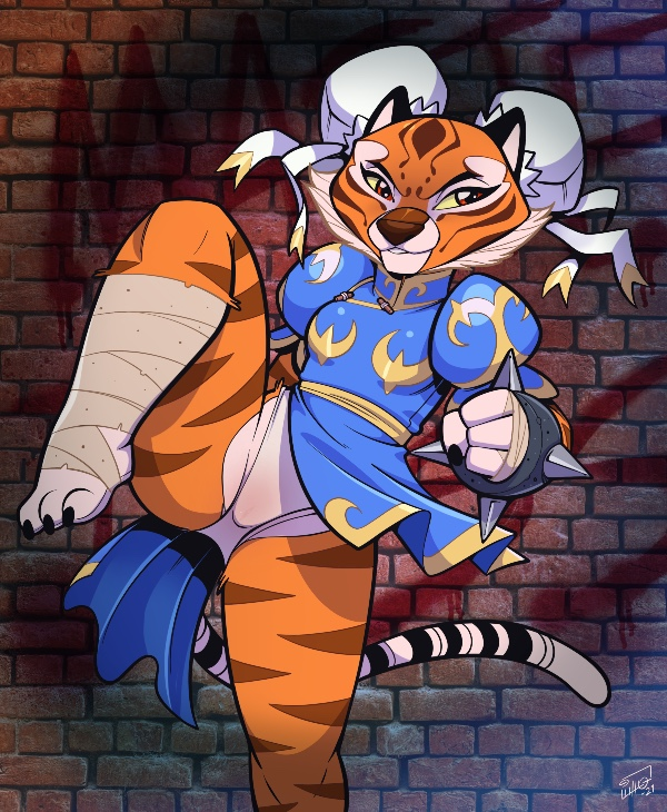 anthro asian_clothing bandaged_leg bracelet brick_wall capcom chinese_clothing chun-li clothing cosplay dreamworks east_asian_clothing fabio_paulino felid female fur jewelry kung_fu_panda legs_up mammal master_tigress pantherine panties signature solo spiked_bracelet spikes street_fighter striped_body striped_fur striped_tail stripes tiger underwear video_games wall_(structure)