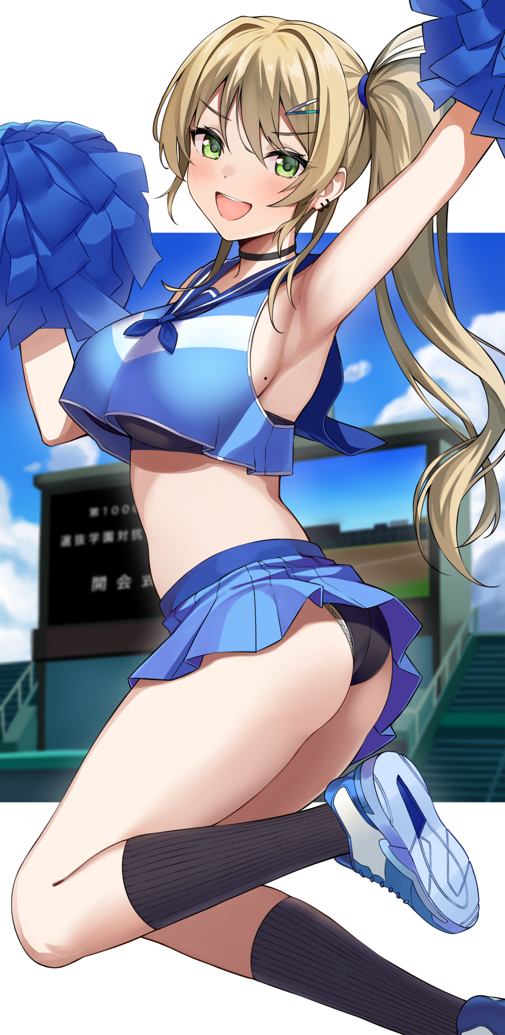 1girl :d arm_up armpits ass bare_arms bare_shoulders black_bra black_choker black_legwear black_panties blonde_hair blue_shirt blue_skirt blurry bra breasts cheerleader choker crop_top crop_top_overhang depth_of_field earrings green_eyes hair_ornament hairclip hand_up highres holding holding_pom_poms jewelry kneehighs lace-trimmed_panties lace_trim large_breasts legs_up long_hair looking_at_viewer midair midriff miniskirt mole mole_on_breast neckerchief open_mouth original panties pleated_skirt pom_poms ponytail ribbed_legwear sailor_collar shirt shoes sideboob skirt sleeveless sleeveless_shirt smile sneakers solo sukebewe thighs underboob underwear v-shaped_eyebrows