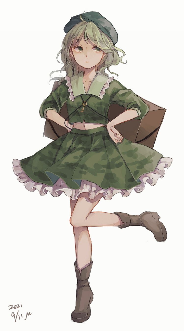 1girl ahoge boots box bright_pupils brown_footwear camouflage camouflage_shirt camouflage_skirt commentary dated eyebrows_visible_through_hair flat_cap frilled_shirt_collar frilled_skirt frills full_body green_eyes green_hair green_shirt green_skirt hands_on_hips hat highres key looking_away looking_to_the_side m_(neteitai10) medium_hair midriff navel petticoat platform_footwear shirt simple_background skirt solo standing standing_on_one_leg touhou white_background white_pupils yamashiro_takane