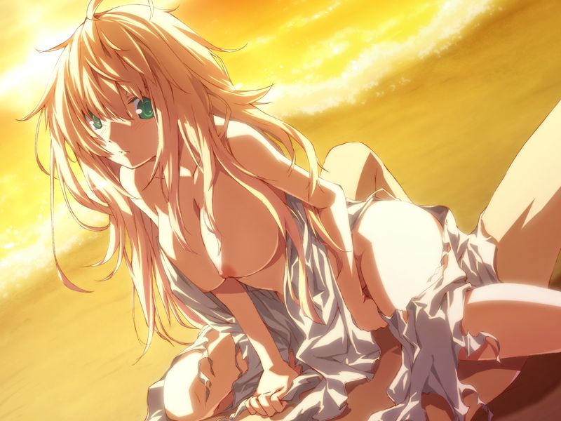 1boy 1girl bb beach blonde_hair bottomless breasts cowgirl_position dies_irae dress g_yuusuke game_cg girl_on_top green_eyes large_breasts long_hair marie_(dies_irae) nipples outdoors sex straddle straddling sunset torn_clothes very_long_hair water