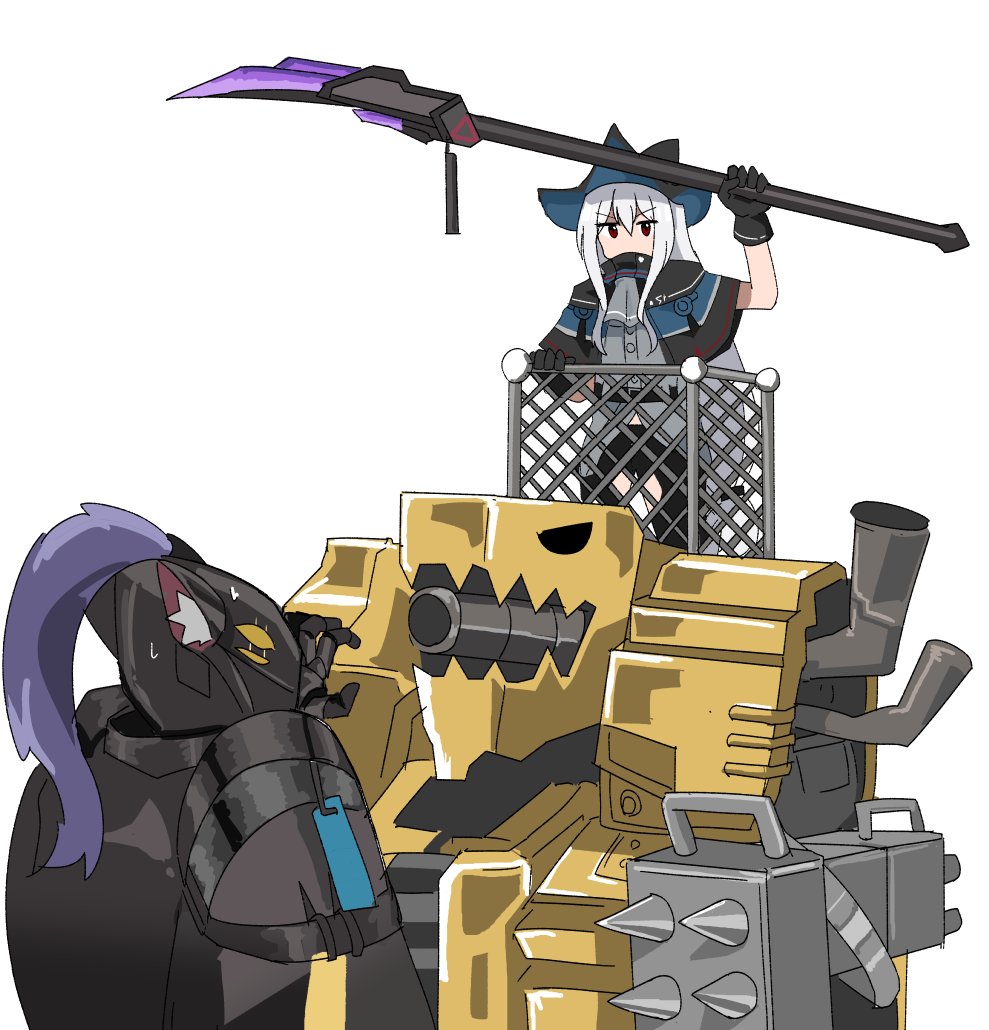 1boy 1girl arknights arm_belt armor ascot belt big_ugly_(arknights) black_belt black_capelet black_cloak black_gloves black_headwear black_pants breastplate breasts capelet cloak clothing_cutout commentary full_armor gloves grey_neckwear grey_shirt hair_between_eyes hat helmet holding holding_spear holding_weapon kumamoto_aichi long_hair looking_at_viewer low-tied_long_hair mecha medium_breasts pants plume polearm red_eyes shirt shoulder_armor silver_hair simple_background skadi_(arknights) spaulders spear thigh_cutout thighs very_long_hair weapon white_background